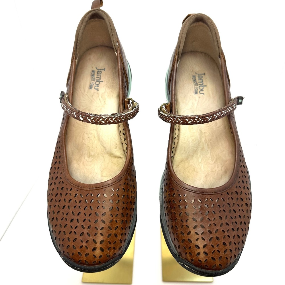 Jambu Bailey MJ Brown Leather Laser Cut‎ Mary Jane Flats Womens 9.5M WJ17BMJ34